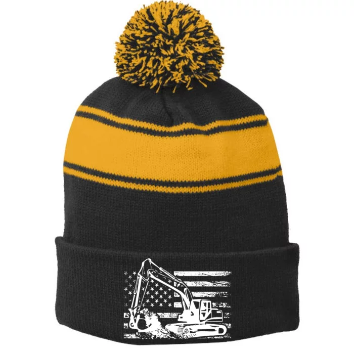 American Flag Excavator Stripe Pom Pom Beanie