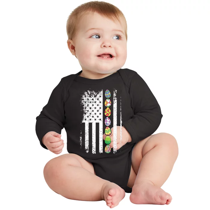 American Flag Easter Egg Hunting Cool Patriotic Spring Baby Long Sleeve Bodysuit