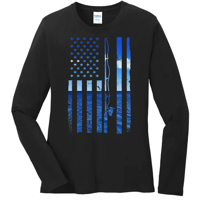 American Flag Fish Funny Bass Fishing Usa Ladies Long Sleeve Shirt