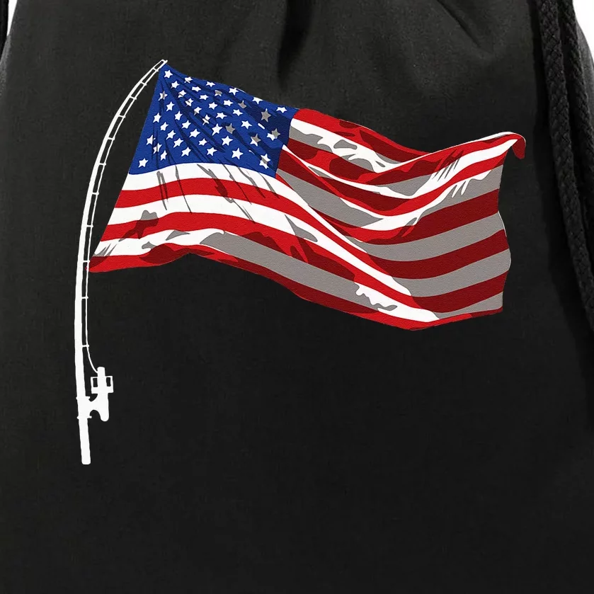 American Flag Fishing Rod 4th Of July Patriotic Fisherman Drawstring Bag