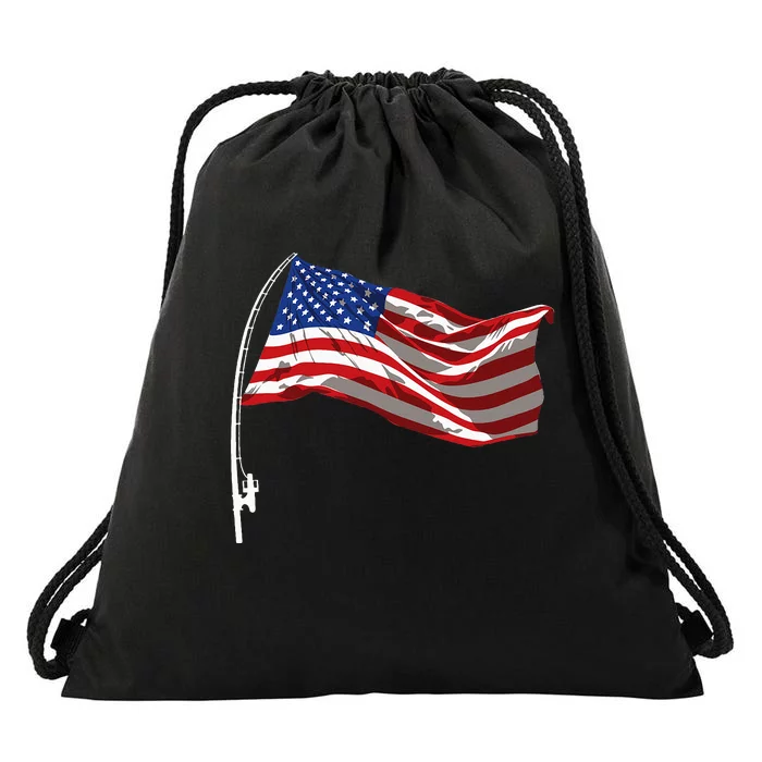 American Flag Fishing Rod 4th Of July Patriotic Fisherman Drawstring Bag