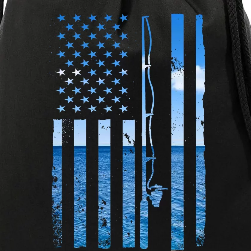 American Flag Fish Fisher Fisherman Funny Bass Fishing Drawstring Bag