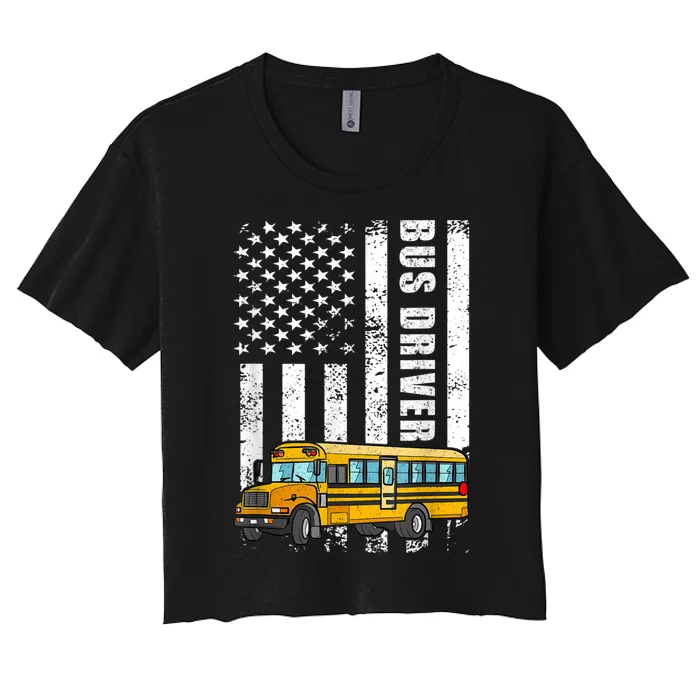 American Flag Funny School Bus Driver Women's Crop Top Tee