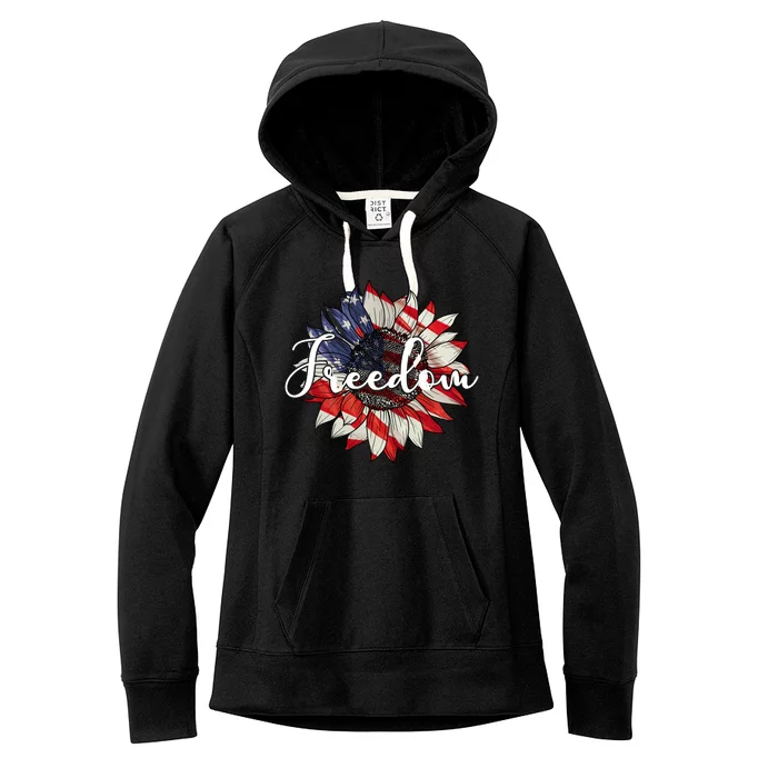 American Flag Freedom Sunflower Independence Day Women's Fleece Hoodie