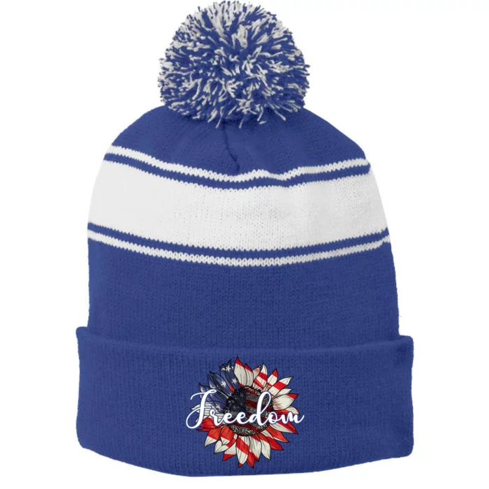 American Flag Freedom Sunflower Independence Day Stripe Pom Pom Beanie