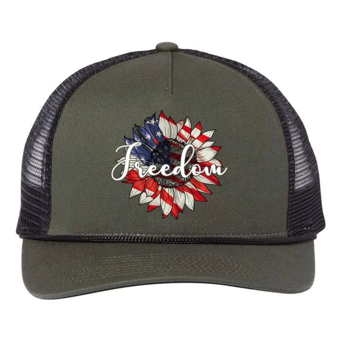 American Flag Freedom Sunflower Independence Day Retro Rope Trucker Hat Cap