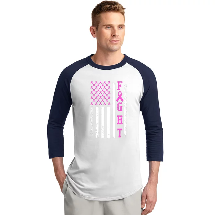 American Flag Fight Breast Cancer Awareness Gifts Baseball Sleeve Shirt