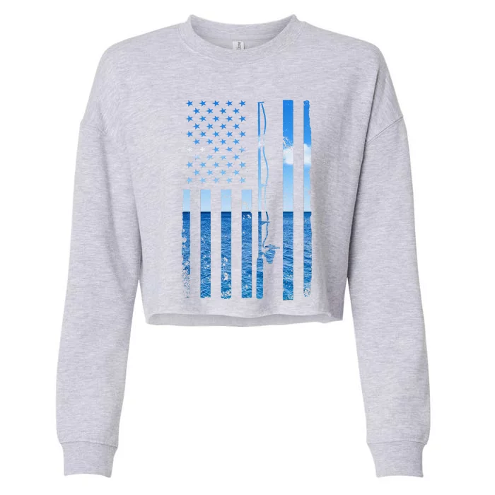 American Flag Fish Fisher Fisherman Funny Bass Fishing Usa Cropped Pullover Crew