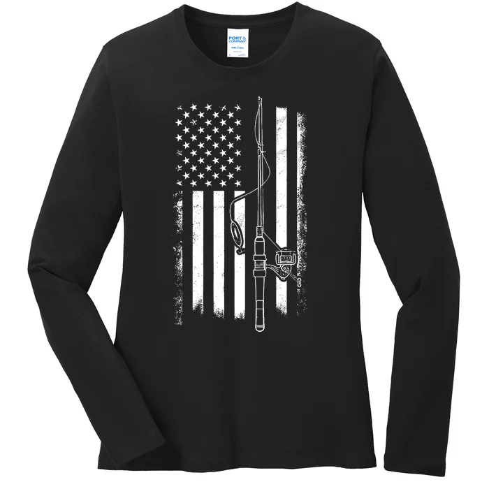 American Flag Fishing Pole Usa Flag Fishing Ladies Long Sleeve Shirt