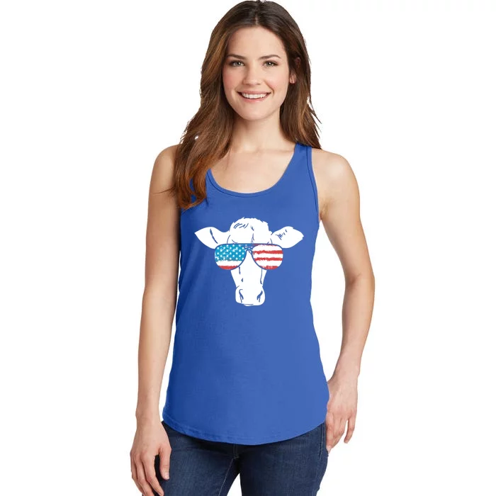 American Flag Fourth Of July Cow Lover Graphic Gift Ladies Essential Tank