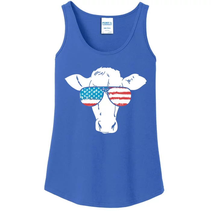 American Flag Fourth Of July Cow Lover Graphic Gift Ladies Essential Tank