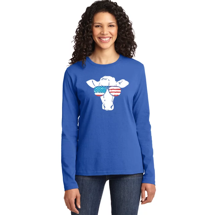 American Flag Fourth Of July Cow Lover Graphic Gift Ladies Long Sleeve Shirt