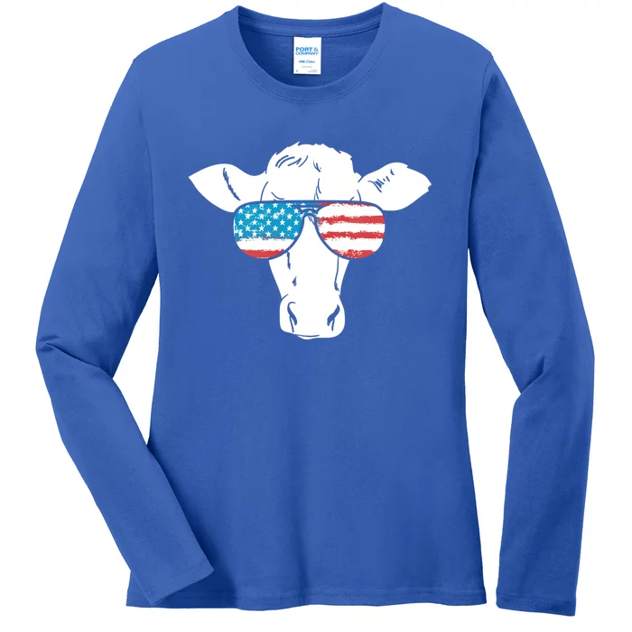 American Flag Fourth Of July Cow Lover Graphic Gift Ladies Long Sleeve Shirt