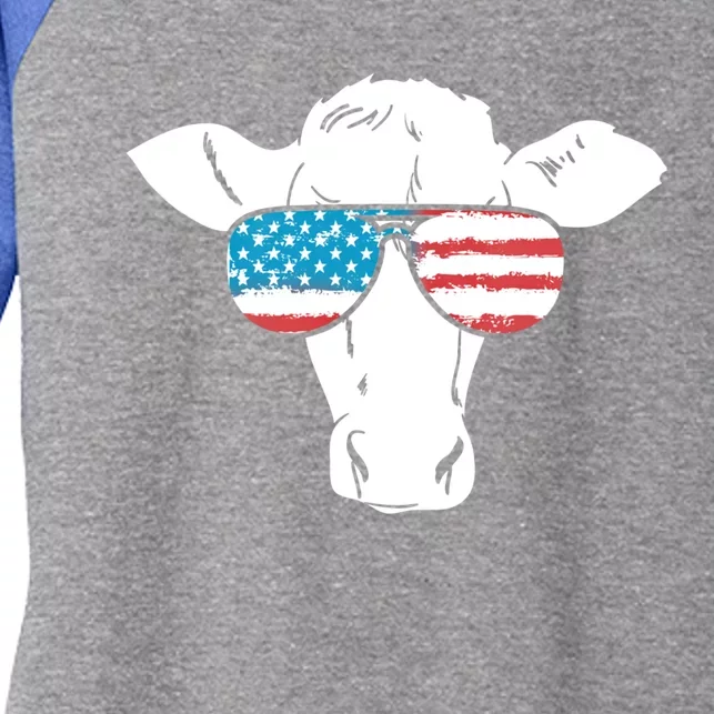 American Flag Fourth Of July Cow Lover Graphic Gift Women's Tri-Blend 3/4-Sleeve Raglan Shirt