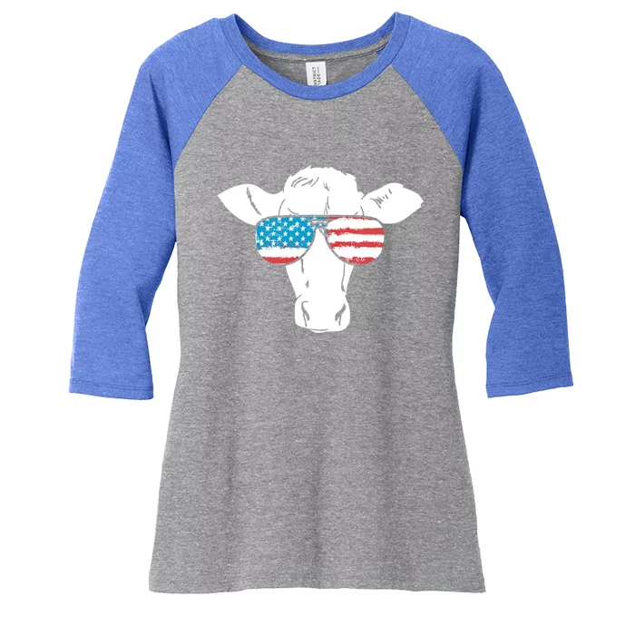 American Flag Fourth Of July Cow Lover Graphic Gift Women's Tri-Blend 3/4-Sleeve Raglan Shirt