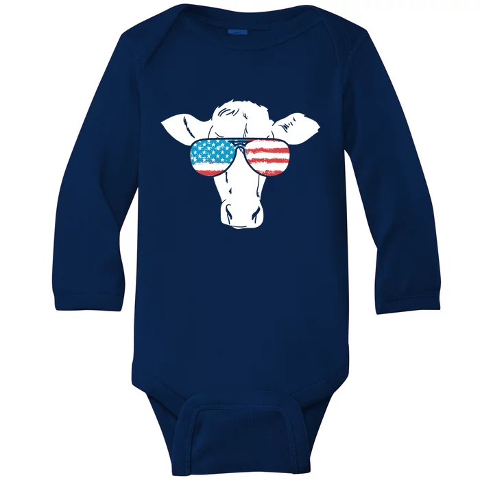 American Flag Fourth Of July Cow Lover Graphic Gift Baby Long Sleeve Bodysuit