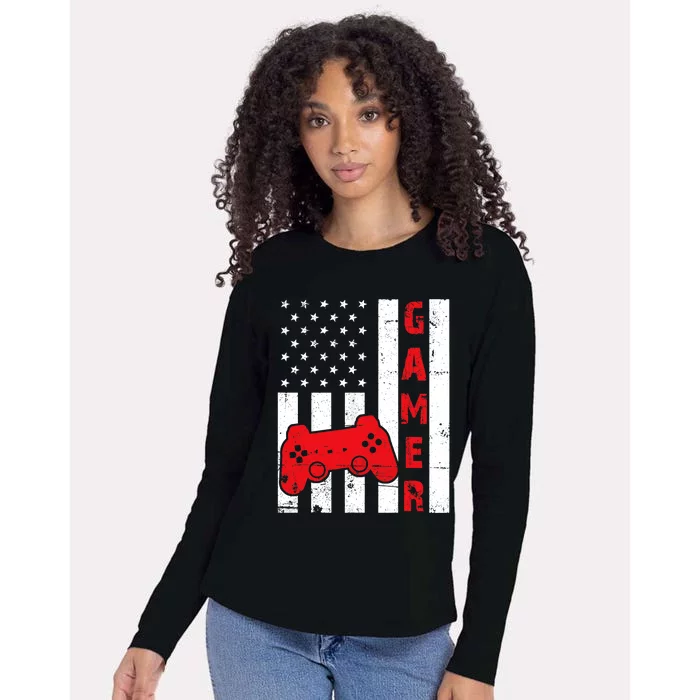 American Flag Funny Gamer Gift Video Games Boy Gaming Womens Cotton Relaxed Long Sleeve T-Shirt