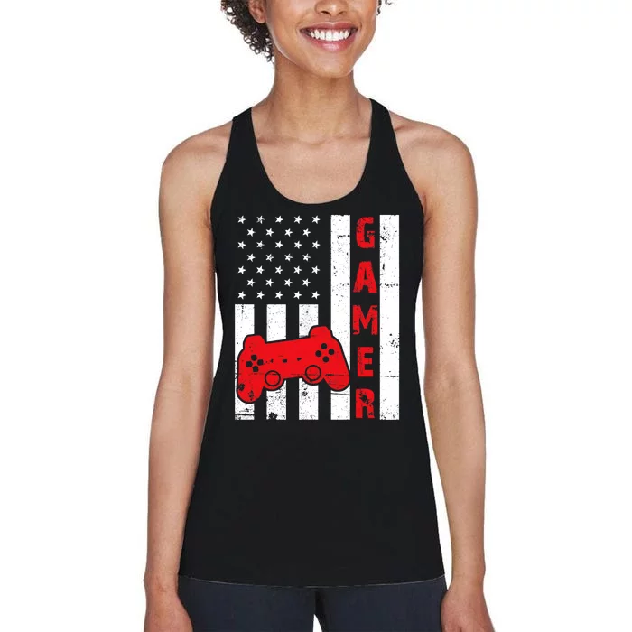 American Flag Funny Gamer Gift Video Games Boy Gaming Women's Racerback Tank