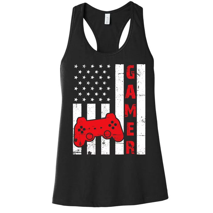 American Flag Funny Gamer Gift Video Games Boy Gaming Women's Racerback Tank