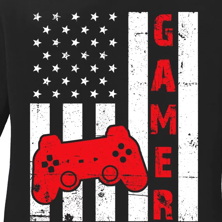 American Flag Funny Gamer Gift Video Games Boy Gaming Ladies Long Sleeve Shirt