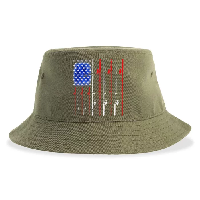 American Flag Fishing Rod Fishing Lover Sustainable Bucket Hat