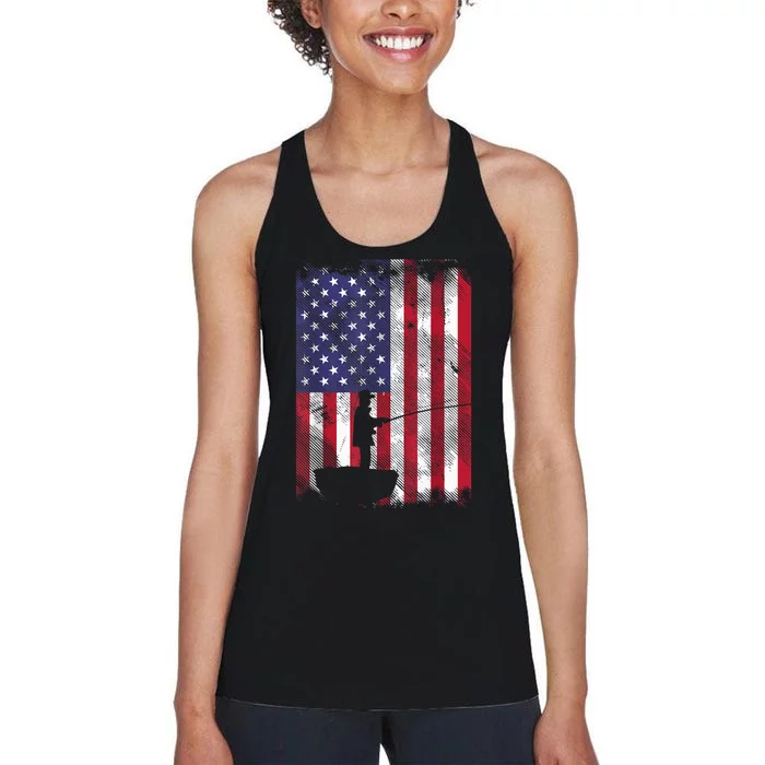 America Flag Fisherman Vintage Fishing Patriotic Angler Gift Women's Racerback Tank