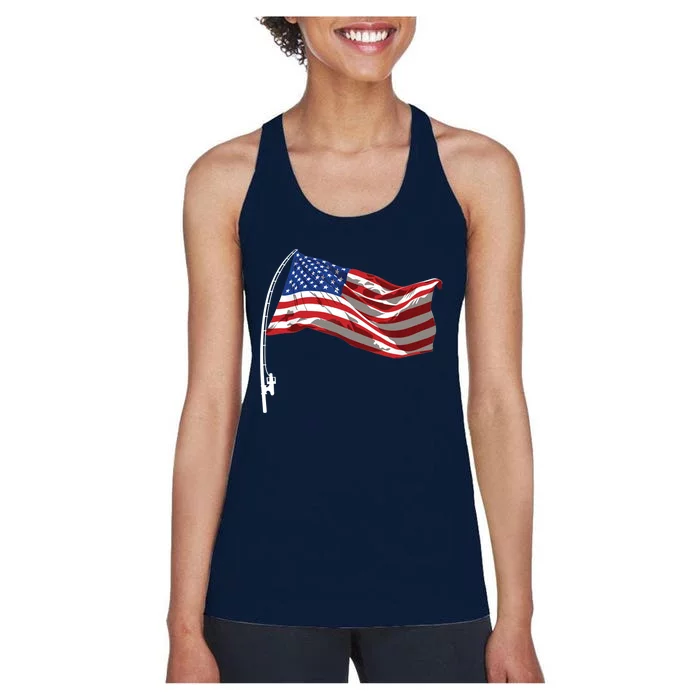 American Flag Fishing Rod 4th Of July Patriotic Fisherman Women's Racerback Tank