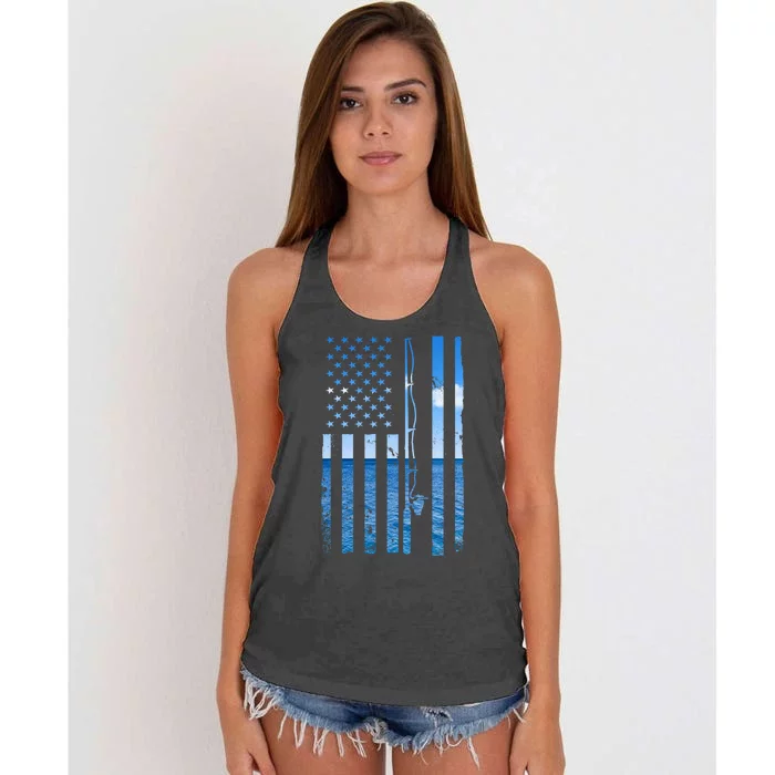 American Flag Fish Fisher Fisherman Funny Bass Fishing Usa Women's Knotted Racerback Tank