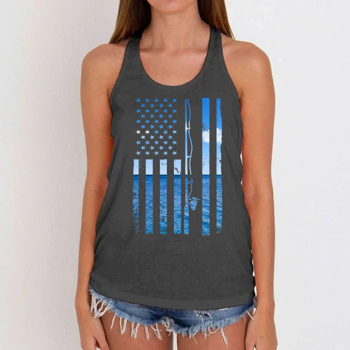 American Flag Fish Fisher Fisherman Funny Bass Fishing Usa Women's Knotted Racerback Tank