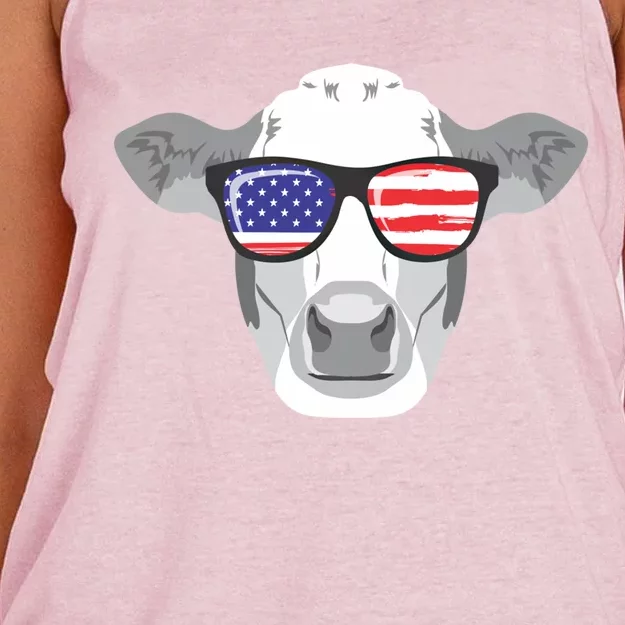 American Flag Fourth Of July Animal Cow Lover Cute Gift Women's Knotted Racerback Tank