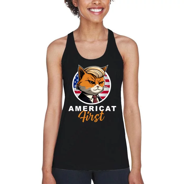 Americat First Funny Patriotic America Cat President Women's Racerback Tank