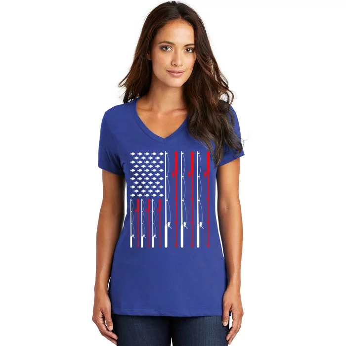 American Flag Fishing Rod Fishing Lover Gift Women's V-Neck T-Shirt