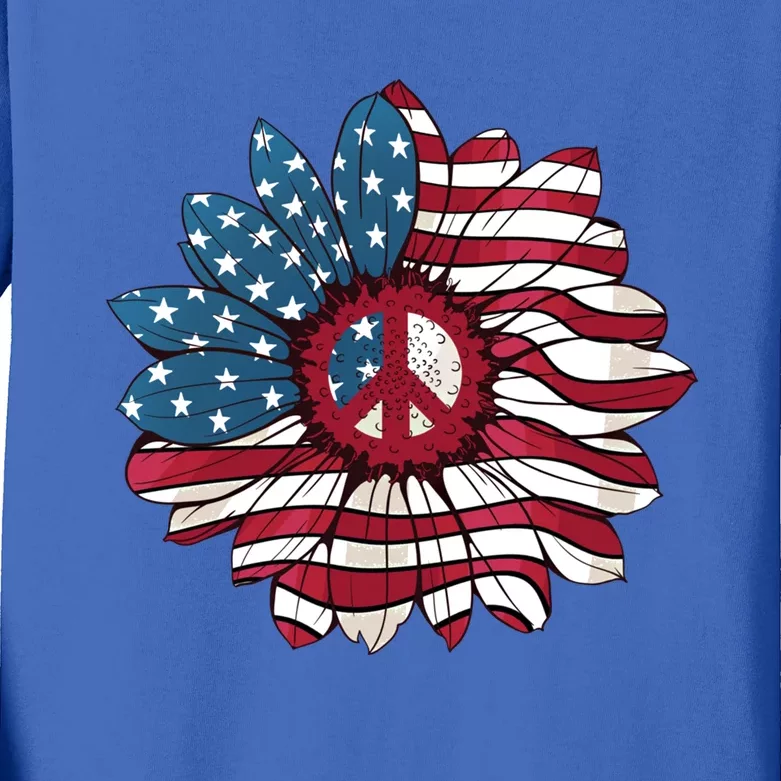 American Flag Flower Independence Day Sunflower 4th Of July Gift Kids Long Sleeve Shirt