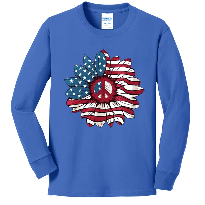 American Flag Flower Independence Day Sunflower 4th Of July Gift Kids Long Sleeve Shirt