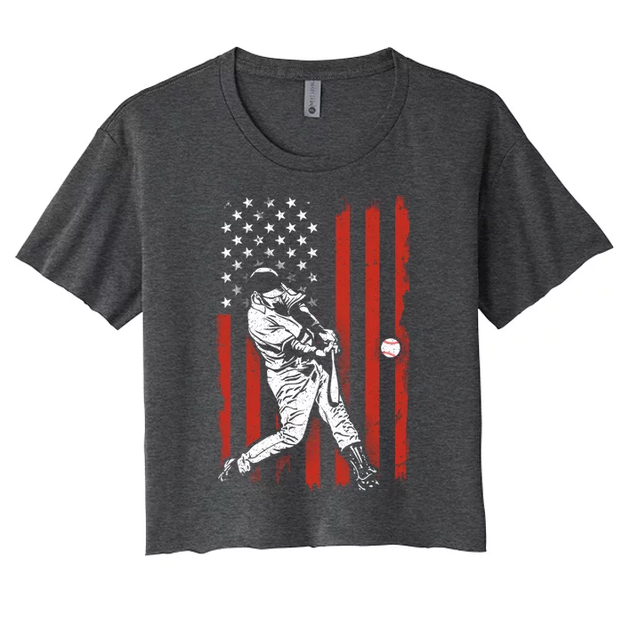 American Flag Funny Retro Baseball Lover Batter Baseball Gift Women's Crop Top Tee