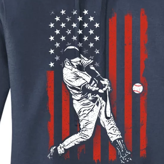 American Flag Funny Retro Baseball Lover Batter Baseball Gift Women's Pullover Hoodie