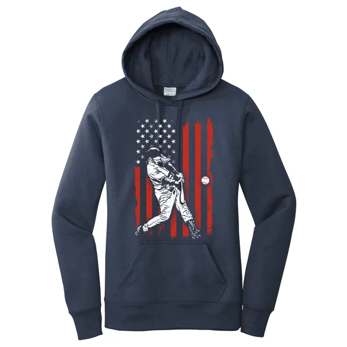 American Flag Funny Retro Baseball Lover Batter Baseball Gift Women's Pullover Hoodie