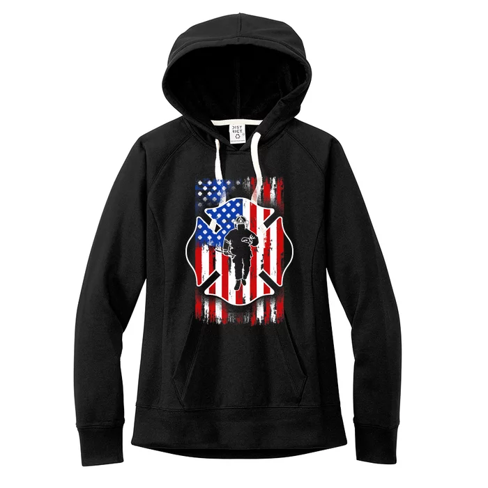 American Flag Firefighter USA United States Badge Women's Fleece Hoodie