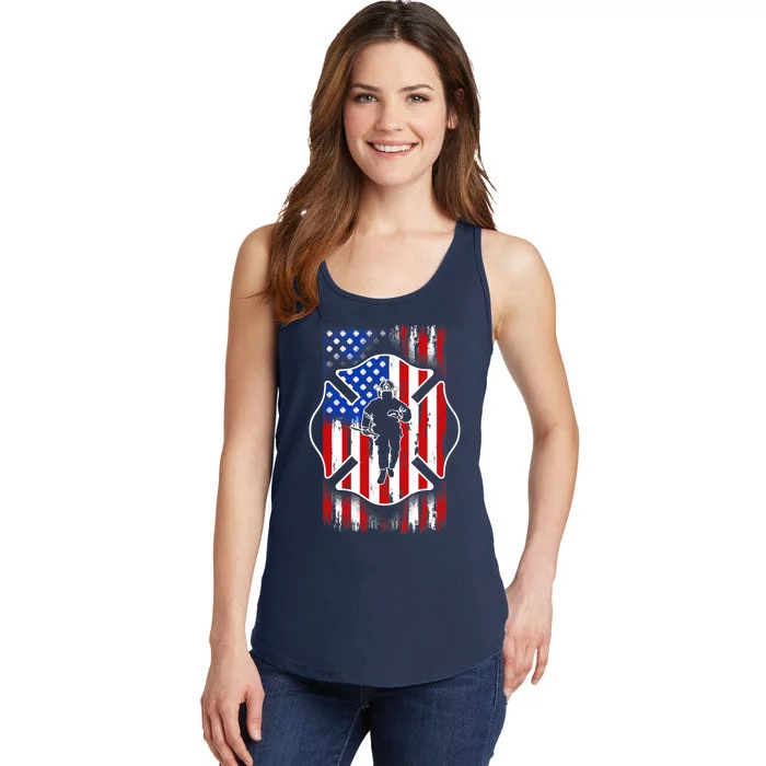 American Flag Firefighter USA United States Badge Ladies Essential Tank