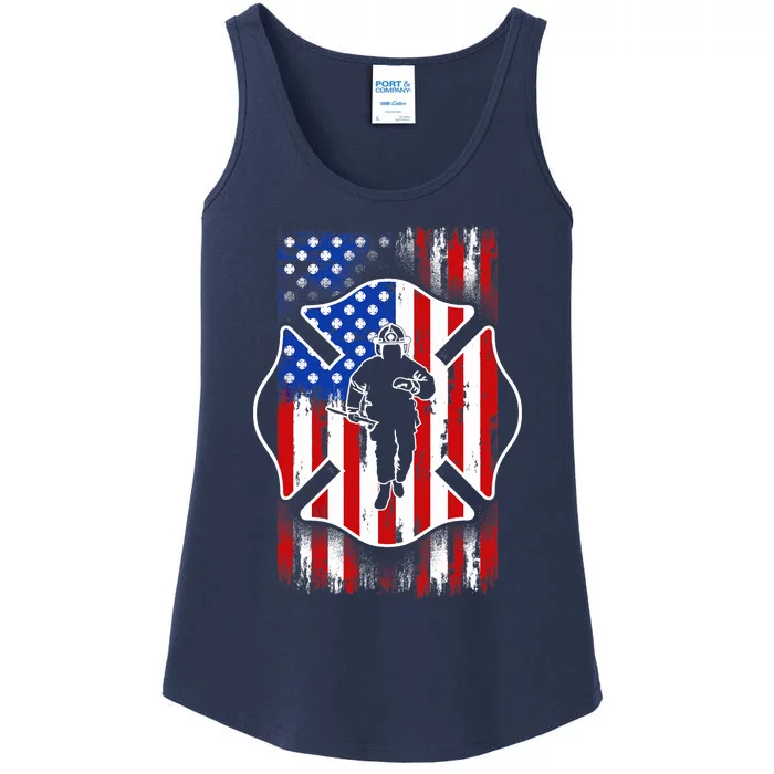 American Flag Firefighter USA United States Badge Ladies Essential Tank