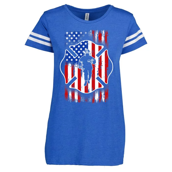 American Flag Firefighter USA United States Badge Enza Ladies Jersey Football T-Shirt