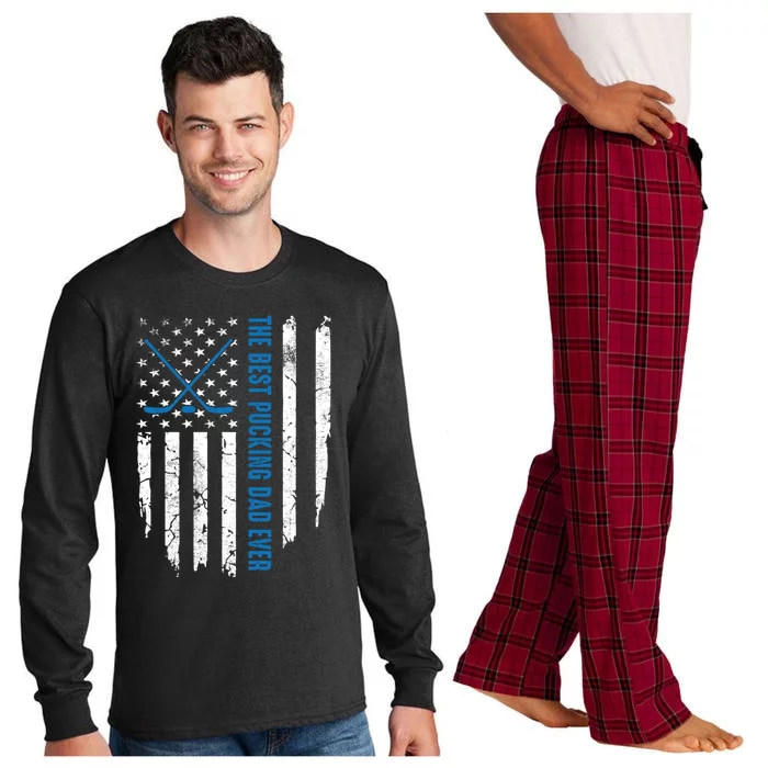 American Flag Funny The Best Pucking Dad Ever Ice Hockey Great Gift Long Sleeve Pajama Set