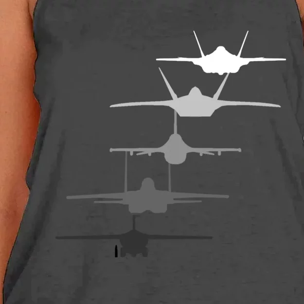 Air Force Fighter Jets F-4 F-111 F-15 F-16 F-22 F-35 Women's Knotted Racerback Tank