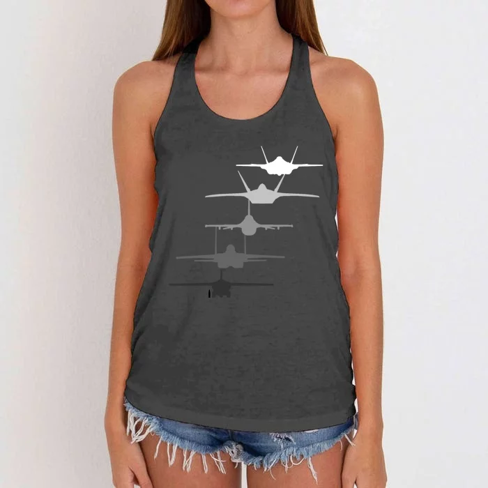 Air Force Fighter Jets F-4 F-111 F-15 F-16 F-22 F-35 Women's Knotted Racerback Tank