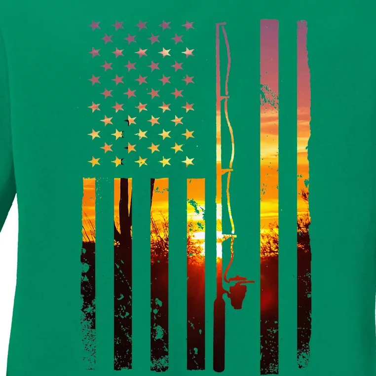 American Flag Fish Fisher Fisherman Funny Bass Fishing Usa Ladies Long Sleeve Shirt