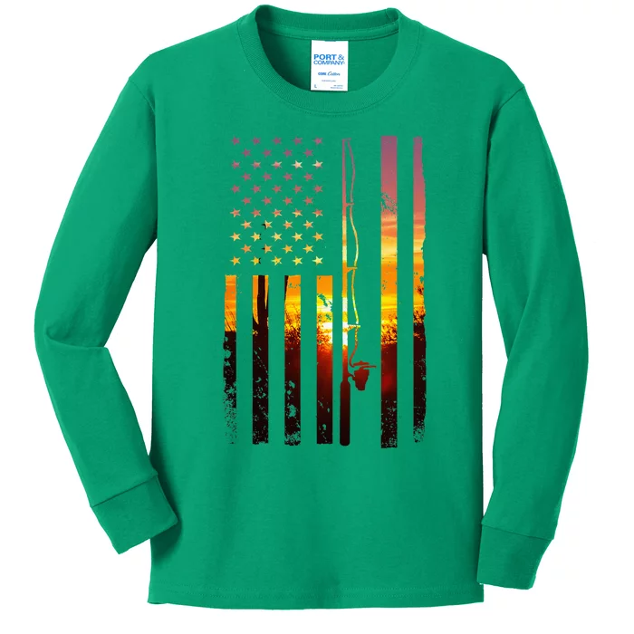 American Flag Fish Fisher Fisherman Funny Bass Fishing Usa Kids Long Sleeve Shirt