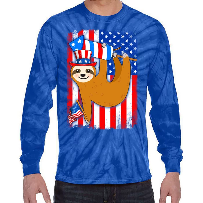 American Flag Funny Sloth 4th Of July Cousin Gift Tie-Dye Long Sleeve Shirt