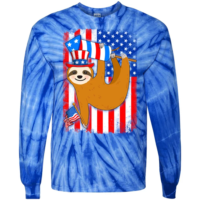 American Flag Funny Sloth 4th Of July Cousin Gift Tie-Dye Long Sleeve Shirt