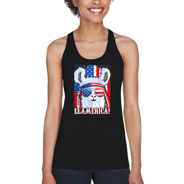 American Flag Funny 4th Of July Llamerica Women's Racerback Tank