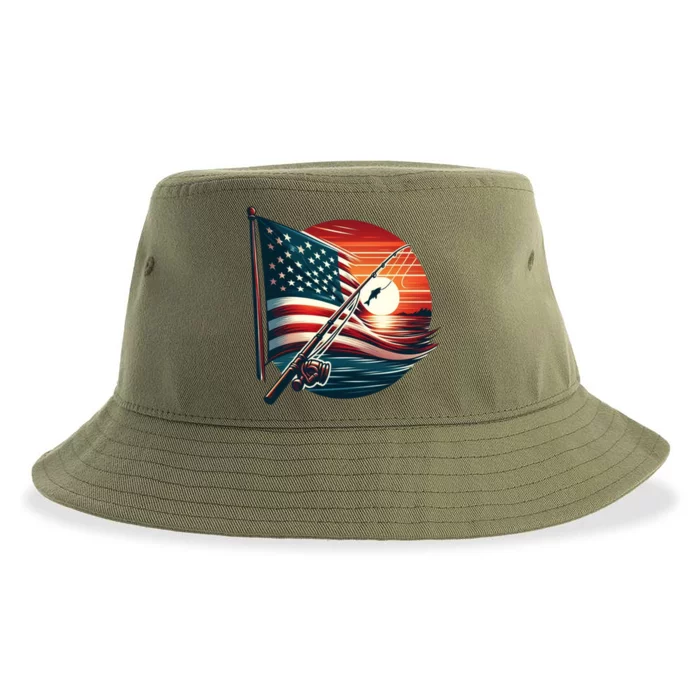 American Flag Fish Fisher Fisher Funny Bass Fishing Usa Gift Sustainable Bucket Hat